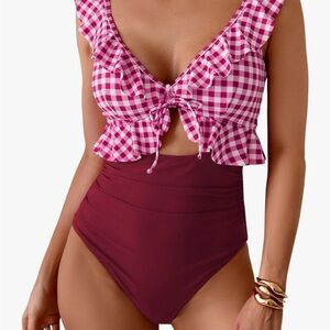 Pink Checkered Ruffle Swimsuit